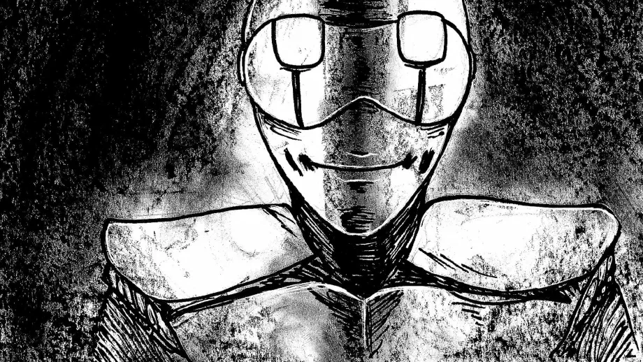 Black and white sketch of a homonculus smiling