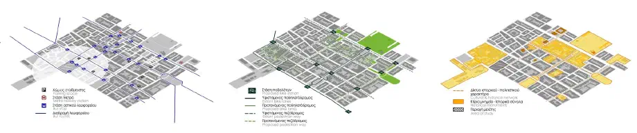 Proposed cultural grid, bike lane and pedestrian ways in response to the area's analysis.